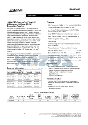 ISL83384ECA-T datasheet - a15kV ESD Protected, 3V to 5.5V, 1 Microamp, 250Kbps, RS-232 Transmitter/Receiver