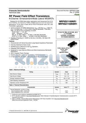 MRF6S21100NBR1 datasheet - RF Power Field Effect Transistors N-Channel Enhancement-Mode Lateral MOSFETs