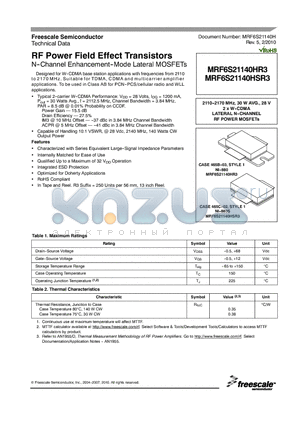 MRF6S21140HR3_10 datasheet - RF Power Field Effect Transistors N--Channel Enhancement--Mode Lateral MOSFETs