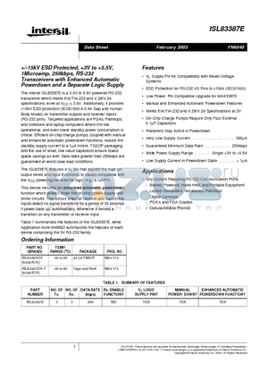 ISL83387E datasheet - /-15kV ESD Protected,3#V to 5.5V, 1Microamp, 250kbps, RS-232 Transceivers with Enhanced Automatic Powerdown and a Separate Logic Supply