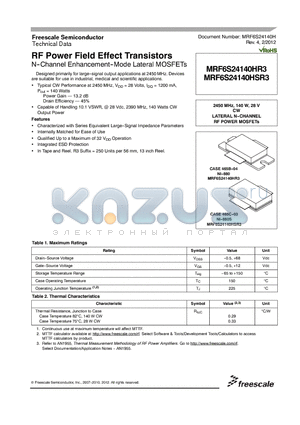 MRF6S24140HR3 datasheet - RF Power Field Effect Transistors