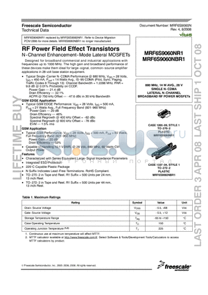 MRF6S9060N datasheet - RF Power Field Effect Transistors