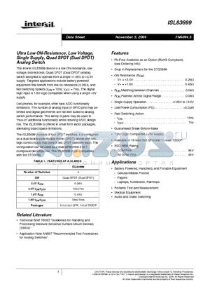 ISL83699IR datasheet - Ultra Low ON-Resistance, Low Voltage, Single Supply, Quad SPDT (Dual DPDT) Analog Switch