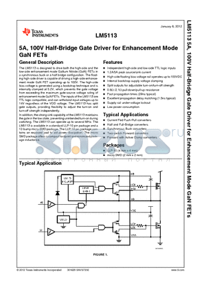 LM5113 datasheet - 5A, 100V Half-Bridge Gate Driver for Enhancement Mode GaN FETs