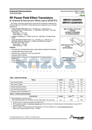 MRF6V12250HR3 datasheet - RF Power Field Effect Transistors N--Channel Enhancement--Mode Lateral MOSFETs