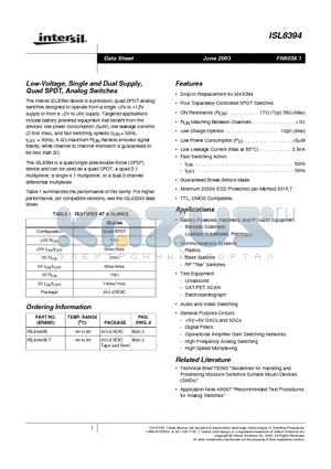 ISL8394 datasheet - Low-Voltage, Single and Dual Supply, Quad SPDT, Analog Switches