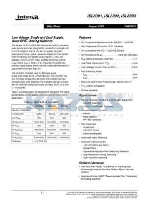 ISL8391 datasheet - Low-Voltage, Single and Dual Supply, Quad SPST, Analog Switches