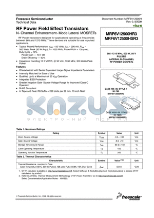 MRF6V12500HR3 datasheet - RF Power Field Effect Transistors N-Channel Enhancement-Mode Lateral MOSFETs