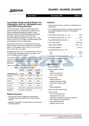ISL84051 datasheet - Low-Voltage, Single and Dual Supply, 8 to 1 Multiplexer, Dual 4 to 1 Multiplexer and a Triple SPDT Analog Switches