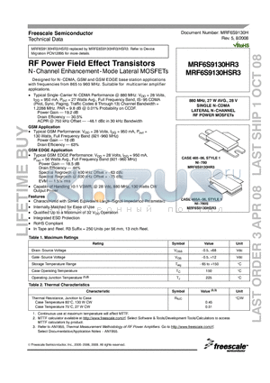 MRF6S9130HR3 datasheet - RF Power Field Effect Transistors