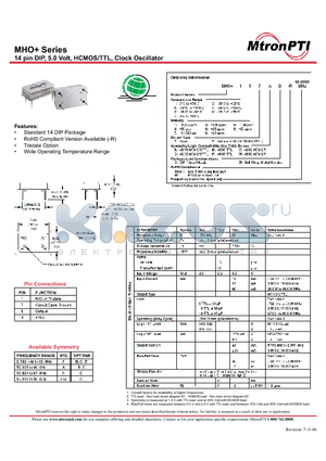 MHO14FBD datasheet - 14 pin DIP, 5.0 Volt, HCMOS/TTL, Clock Oscillator