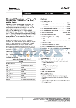 ISL84467IRTZ-T datasheet - 1.65V to 4.5V, Single Supply, Quad SPDT (Dual DPDT) Analog Switch