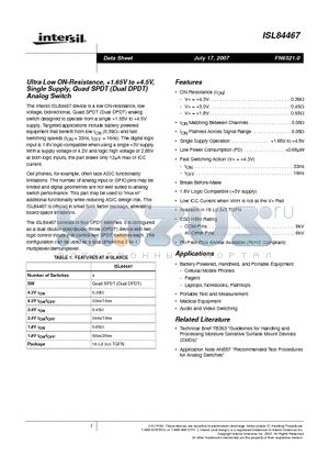 ISL84467IRTZ datasheet - Ultra Low ON-Resistance, 1.65V to 4.5V, Single Supply, Quad SPDT (Dual DPDT) Analog Switch