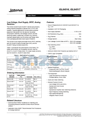 ISL84516IH-T datasheet - Low-Voltage, Dual Supply, SPST, Analog Switches