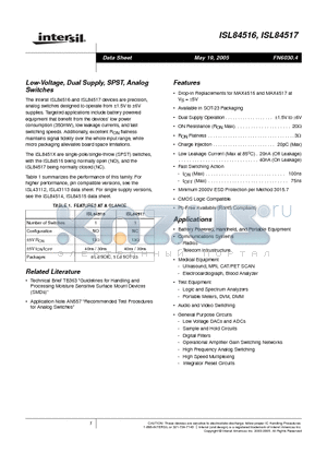 ISL84516IH-T datasheet - Low-Voltage, Dual Supply, SPST, Analog Switches