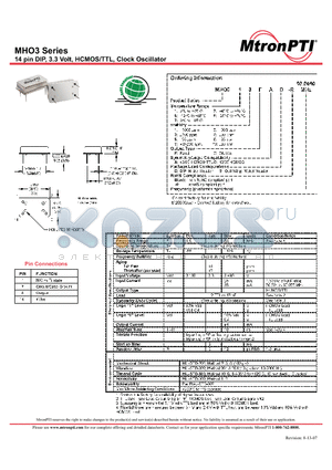 MHO3 datasheet - 14 pin DIP, 3.3 Volt, HCMOS/TTL, Clock Oscillator