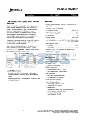 ISL84517IB datasheet - Low-Voltage, Dual Supply, SPST, Analog Switches