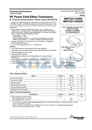 MRF7S21170HSR3 datasheet - RF Power Field Effect Transistors (N-Channel Enhancement-Mode Lateral MOSFETs)