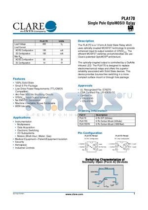 PLA170 datasheet - Single Pole OptoMOS Relay