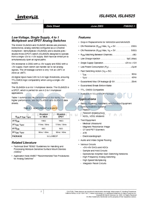 ISL84525 datasheet - Low-Voltage, Single Supply, 4 to 1 Multiplexer and DPDT Analog Switches