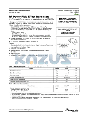 MRF7S38040HSR3 datasheet - N-Channel Enhancement-Mode Lateral MOSFETs