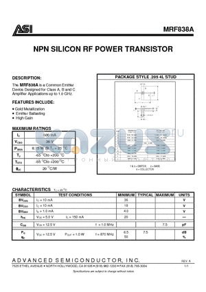 MRF838A datasheet - NPN SILICON RF POWER TRANSISTOR