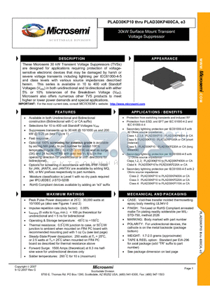 PLAD30KP10 datasheet - 30kW Surface Mount Transient Voltage Suppressor