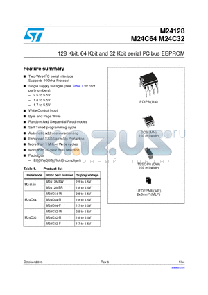 M24128 datasheet - 128 Kbit, 64 Kbit and 32 Kbit serial I2C bus EEPROM