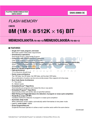 MBM29DL800BA-70 datasheet - 8M (1M X 8/512K X 16) BIT