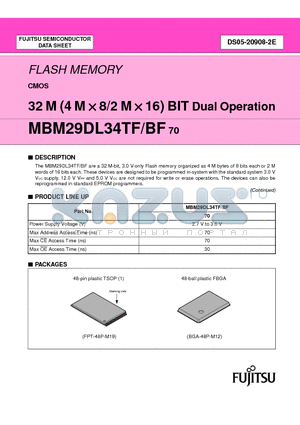 MBM29DL34TF70PBT datasheet - FLASH MEMORY CMOS 32 M (4 M X 8/2 M X 16) BIT Dual Operation