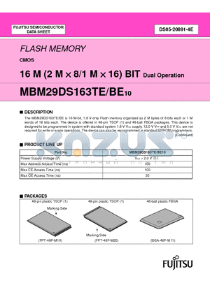 MBM29DS163BE10PBT datasheet - FLASH MEMORY CMOS 16 M (2 M X 8/1 M X 16) BIT Dual Operation