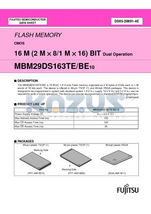 MBM29DS163TE10 datasheet - FLASH MEMORY CMOS 16 M (2 M X 8/1 M X 16) BIT Dual Operation