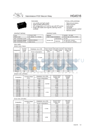 HG4516/005-1CJ datasheet - Subminiature PCB Telecom Relay