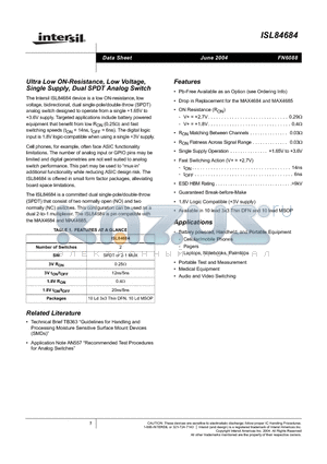 ISL84684IUZ-T datasheet - Ultra Low ON-Resistance, Low Voltage, Single Supply, Dual SPDT Analog Switch