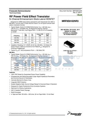 MRF8S9102NR3 datasheet - RF Power Field Effect Transistor