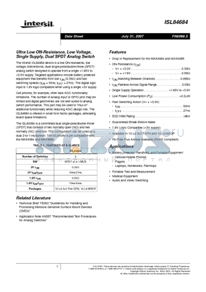 ISL84684IRZ-T datasheet - Ultra Low ON-Resistance, Low Voltage, Single Supply, Dual SPDT Analog Switch