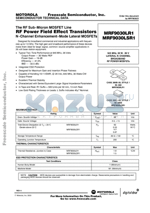 MRF9030LR1 datasheet - The RF Sub-Micron MOSFET Line RF Power Field Effect Transistors N-Channel Enhancement-Mode Lateral MOSFETs