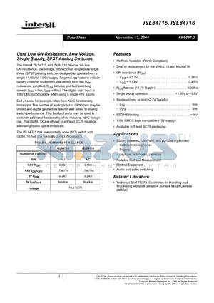 ISL84716 datasheet - Ultra Low ON-Resistance, Low Voltage, Single Supply, SPST Analog Switches