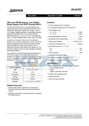 ISL84762IU-T datasheet - Ultra Low ON-Resistance, Low Voltage, Single Supply, Dual SPDT Analog Switch