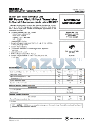 MRF9045MR1 datasheet - The RF Sub-Micron MOSFET Line RF Power Field Effect Transistor N-Channel Enhancement-Mode Lateral MOSFET