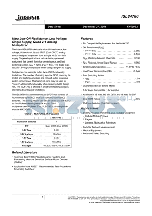 ISL84780 datasheet - Ultra Low ON-Resistance, Low Voltage, Single Supply, Quad 2:1 Analog Multiplexer