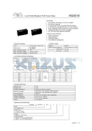 HG4518/005-H2S datasheet - Low Profile Miniature PCB Power Relay