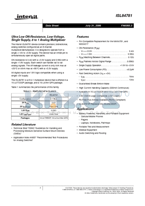 ISL84781 datasheet - Ultra Low ON-Resistance, Low-Voltage, Single Supply, 8 to 1 Analog Multiplexer