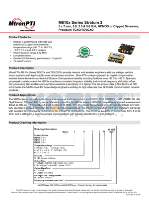 M61001.2.6.8.FSFCN datasheet - M610x Series Stratum 3 5 x 7 mm, 3.0, 3.3 & 5.0 Volt, HCMOS or Clipped Sinewave, Precision TCXO/TCVCXO