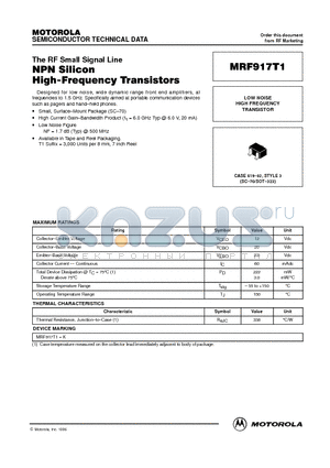 MRF917T1 datasheet - LOW NOISE HIGH FREQUENCY TRANSISTOR