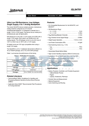 ISL84781IR-T datasheet - Ultra Low ON-Resistance, Low-Voltage, Single Supply, 8 to 1 Analog Multiplexer