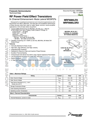 MRF9085LSR3 datasheet - RF Power Field Effect Transistors N-Channel Enhancement-Mode Lateral MOSFETs