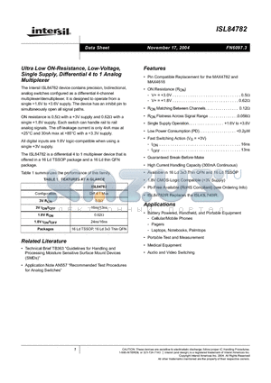 ISL84782IVZ datasheet - Ultra Low ON-Resistance, Low-Voltage, Single Supply, Differential 4 to 1 Analog Multiplexer