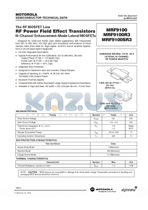 MRF9100SR3 datasheet - GSM/EDGE 900 MHz, 110 W, 26 V LATERAL N-CHANNEL RF POWER MOSFETs