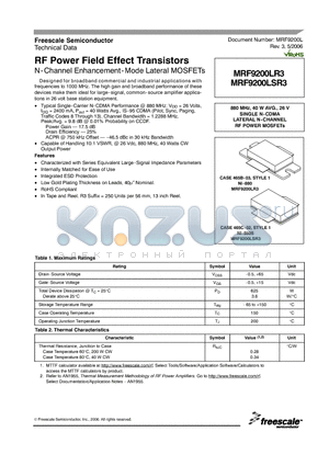 MRF9200LR3_06 datasheet - 880 MHz, 40 W AVG. 26 V SINGLE N-CDMA N-Channel Enhancement-Mode Lateral MOSFETs